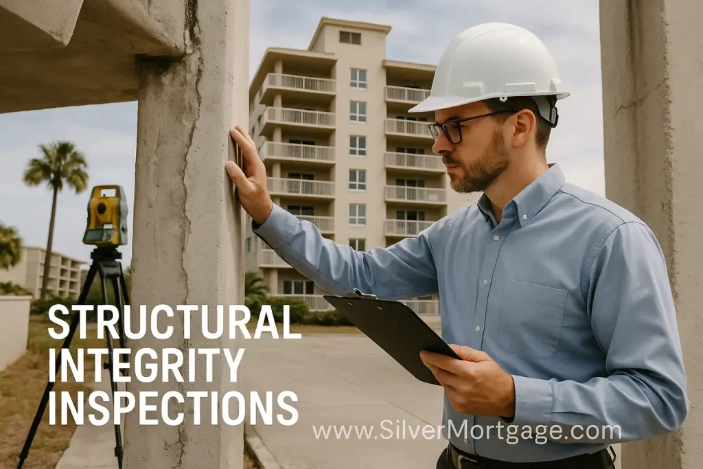 Licensed engineer conducting structural integrity inspection of Florida condominium building under HB 913 safety requirements with hard hat and clipboard