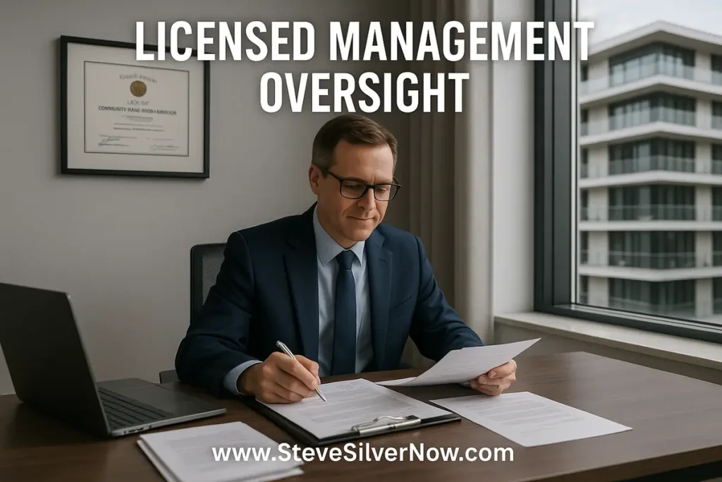 Licensed Florida community association manager in professional office with state certification displaying proper governance under HB 913 requirements